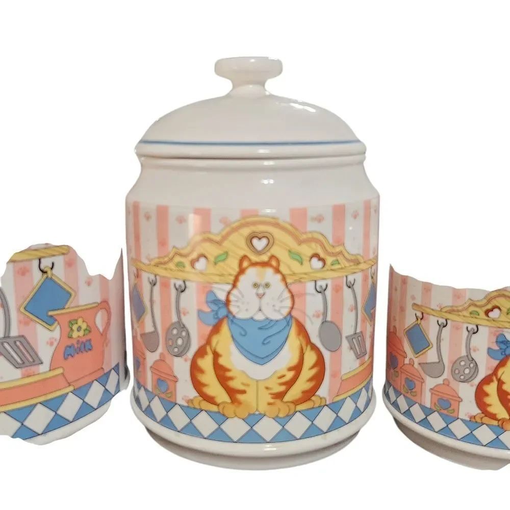 Vintage Lisa Berrett Canister Set 8 Piece 4 with Lids Country Tabby Cat - Picture 5 of 11